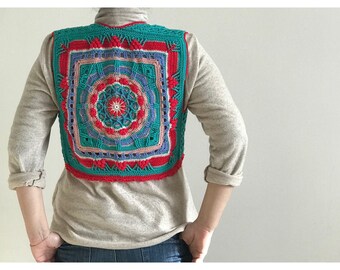 Handmade Crochet Granny Square Crop Vest, Boho Sleeveless Cardigan