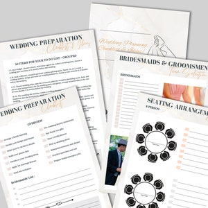 Planifique la boda de sus sueños con el planificador de bodas fácil de usar, listas de verificación, invitación e itinerario del día de la boda. Tamaño A4 y carta de EE. UU. incluido