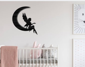 Fairy on Moon Wooden Wall Art: Nursery Room Decor