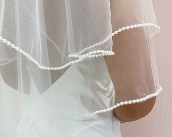 Pearl Edge Veil, Beaded Edge Bridal Bridal Veil, Pearl Veil, Hip Lenght Two Tier Wedding Veil with Corded Edge