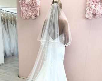 Satin Ribbon Bridal Veil with Blusher, Wedding Veil, Satin Veil, White Ivory Veil, Cathedral Long Veil, Classic Elegant Veil