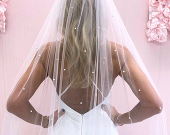 Pearl Wedding Veil, Tulle Bridal Veil with Pearls, Wedding Long Veil, Bride Wedding Veil, White Ivory Cathedral Long Veil Simple Pearl Decor