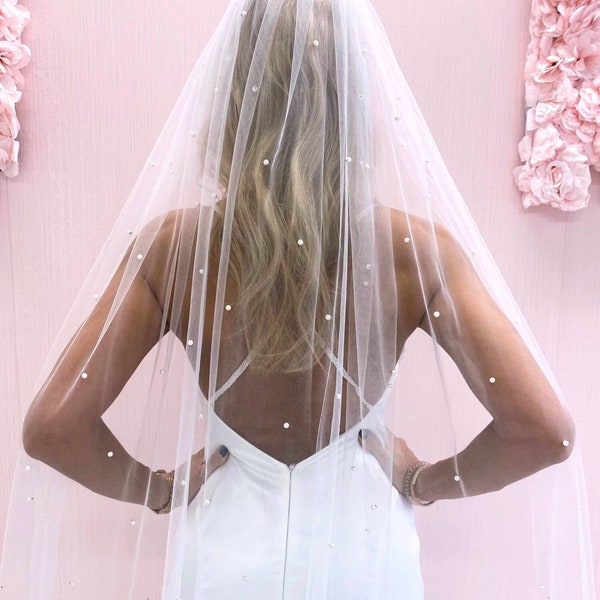Pearl Wedding Veil, Tulle Bridal Veil with Pearls, Wedding Long Veil, Bride Wedding Veil, White Ivory Cathedral Long Veil Simple Pearl Decor