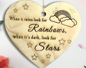 When it rains look for rainbows when it's dark look for stars - Positive Motivation Plaque, Wooden Hanging Heart Plaque, Signs, Gift, Quote