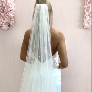 Pearl Wedding Veil, Tulle Bridal Veil with Pearls, Wedding Long Veil, Bride Wedding Veil, White Ivory Cathedral Long Veil Simple Pearl Decor