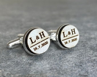 Wooden Custom Cufflinks, Wedding Personalized Cufflinks with Initials and Date of Wedding, Groom, Engraved, Gift for Groom