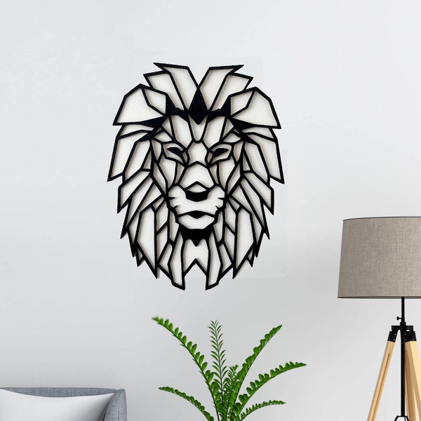 Grande décoration de lion en bois jusqu’à 90 cm, Décoration murale géométrique, Décoration murale d’animal, Décoration d’animal géométrique moderne, Décoration murale