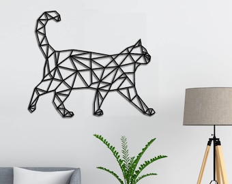 Décoration murale de chat, Chat en bois, Grand jusqu’à 100 cm, Chat géométrique, Décoration de maison, Cadeau de décoration de maison pour amoureux des chats, Décoration d’animaux