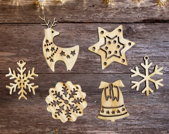 6er Set Weihnachtsdekoration aus Holz, Ornamente, Christbaumschmuck, Hängende Weihnachtsdekoration aus Holz, Ornamente Dekoration