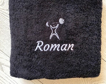 Personalisiertes Handtuch, besticktes Handtuch mit Namen und Hanteln, personalisiertes Handtuch, Geschenk für ihn, Handtuch Weihnachtsgeschenk für den Sport