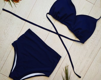 Bikini, Dark blue, Swimsuit, Two Pieces Swim Suit, High wasted, Vintage Style, Bathing Suit, Beach, Woman, Swim Wear