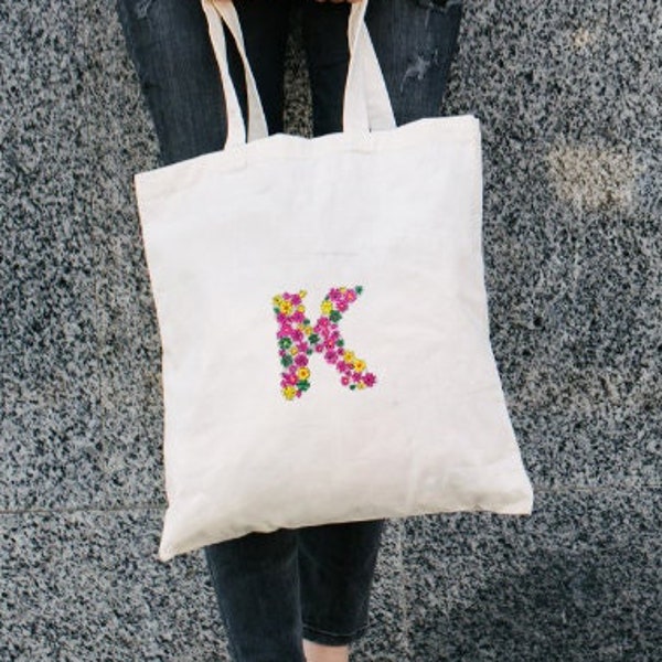 Personalised Tote Bag with Floral Embroidery, Embroidered Fabric Jute Bag with Floral Initials, Embroidered Custom Shopping Beach Cotton Bag