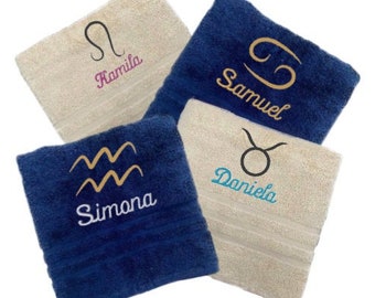 Serviette zodiac, serviette personnalisée avec nom, serviette astrologique, serviettes personnalisées avec nom, serviette brodée personnalisée, cadeau de Noël