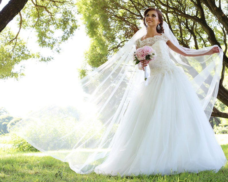 Wedding Veil, Tulle Bridal Veil Wedding Long Veil, Bride Wedding Veil, White, Ivory Cathedral Long Veil, Simple image 5