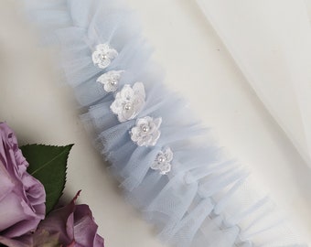 Light Blue Lace Floral Bridal Garter, Beads, Light Blue Tulle Garter, Flower Garter, Tulle Wedding Garter, Bride, Wedding Garter