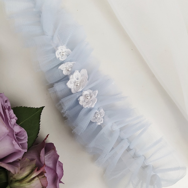 Blue Blue Lace Floral Bridal Garter, Perles, Blue Blue Tulle Garter, Flower Garter, Tulle Wedding Garter, Bride, Wedding Garter