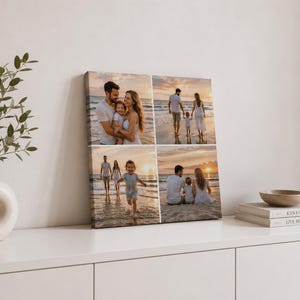 May include: A square canvas print featuring a collage of four photographs of a family on a beach at sunset. The images show a couple and a child interacting in the sand and water, displayed in a grid format with a clean, modern aesthetic.