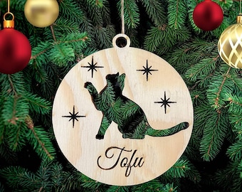 Personalized Christmas Wooden Decoration, cat Christmas Tree Modern Decoration, Hanging Wooden Christmas Decoration, Custom cat Name