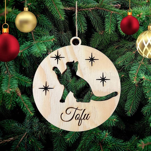 Personalized Christmas Wooden Decoration, cat Christmas Tree Modern Decoration, Hanging Wooden Christmas Decoration, Custom cat Name