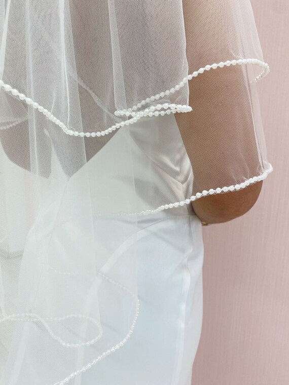 Pearl Edge Veil, Beaded Edge Bridal Bridal Veil, Pearl Veil  display picture 3