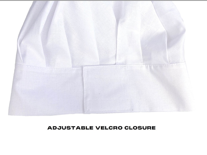 May include: White chef hat with an adjustable velcro closure.