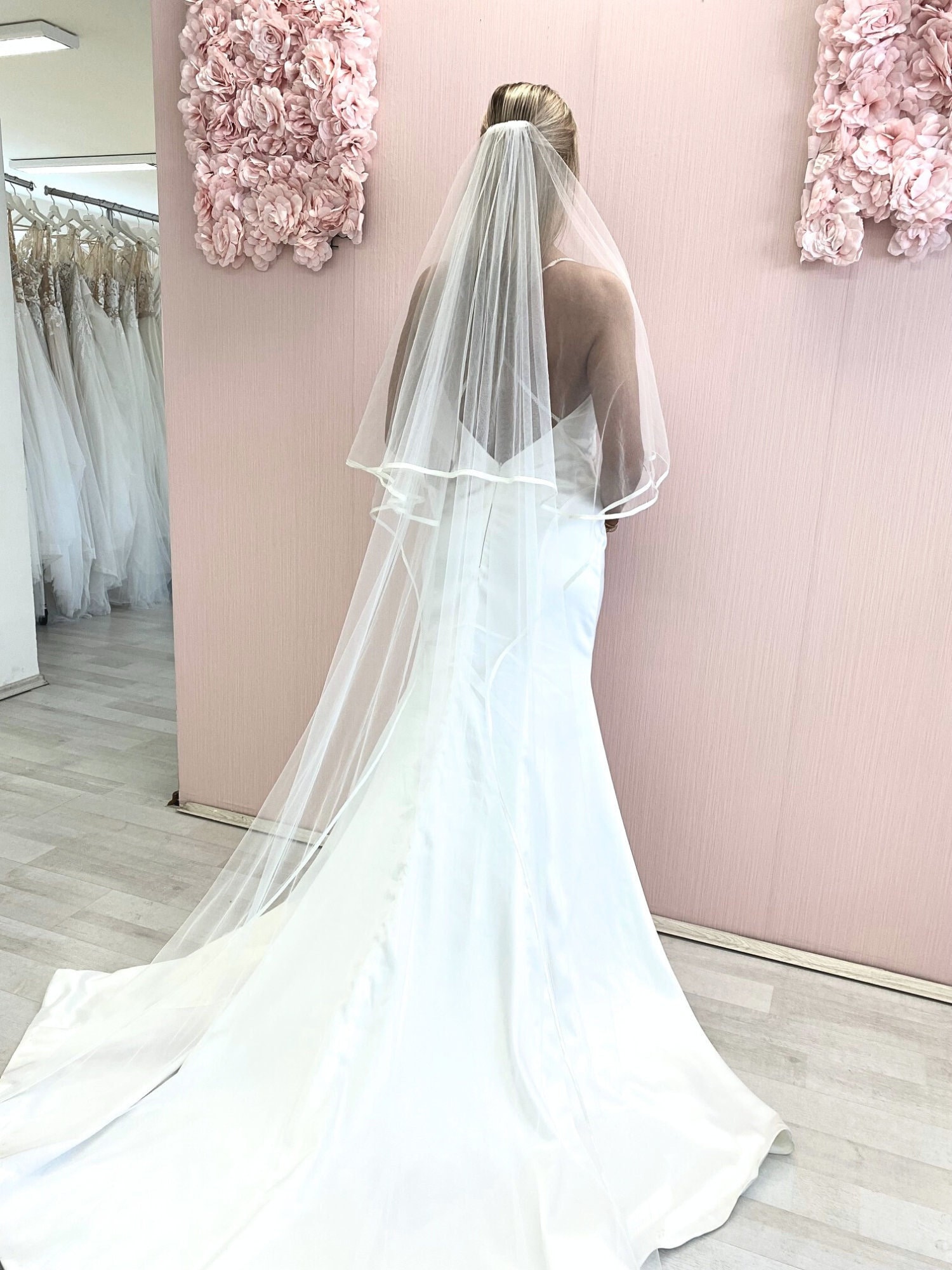 Satin Ribbon Bridal Veil with Blusher, Wedding Veil, Satin Veil, White Ivory Veil, Cathedral Long Veil, Classic Elegant Veil