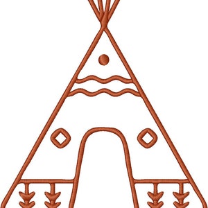 May include: A brown line drawing of a teepee tent with a wavy line across the top, a circle in the middle, and two diamond shapes on the sides. The teepee has a door opening and three lines of grass at the bottom.