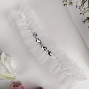Bridal Garter, Rhinestone, White Tulle Garter, Crystal Garter, Silver Garter, Tulle Wedding Garter, Bride, Wedding Garter