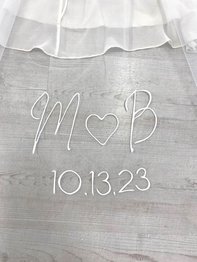 Personalised Veil with Embroidery, Custom veil with Initials and Heart, Words, Letters, Names, Initials, Cathedral bridal veil, Bridal Veil image 2