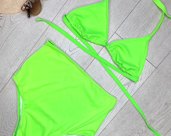 Bikini Set, Swimsuit, High Waist Swim Suit, Bathing Suit, Beach, Woman, Swim Wear, Neon Green