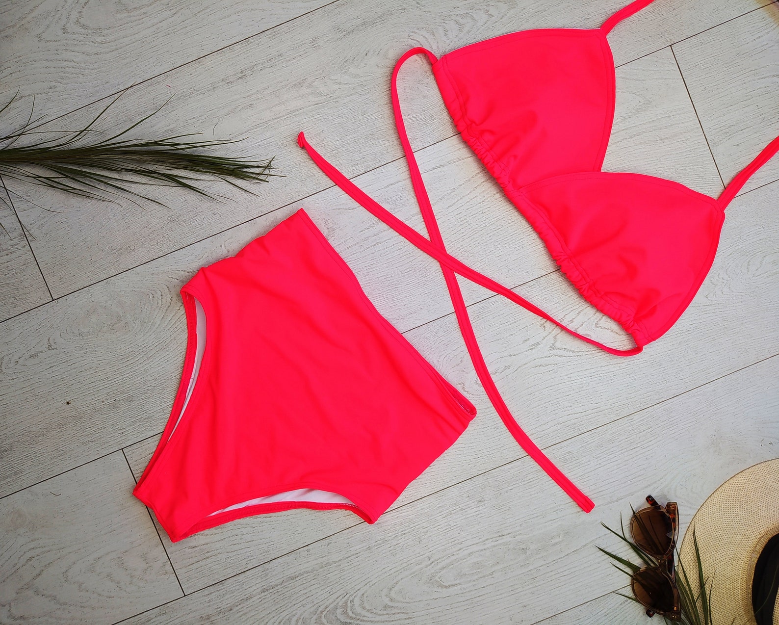 Bikini, Neon Pink, Swimsuit, Two Pieces Swim Suit, High Wasted, Vintage