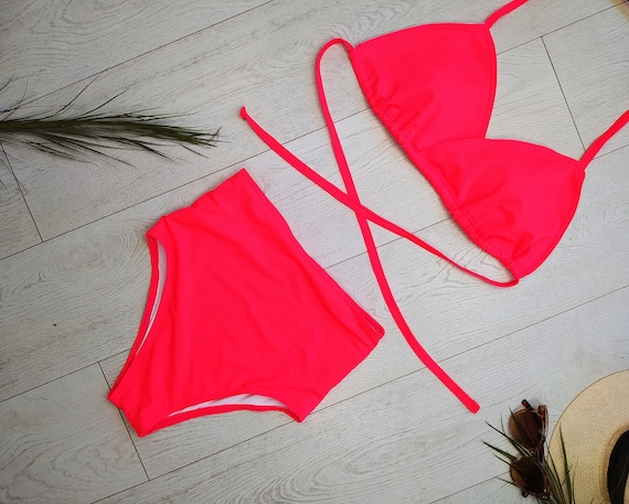 Bikini Neon Pink Swimsuit Two Pieces Swim Suit High 