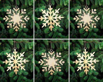 Set of 6 Wooden Snowflakes Decoration, Christmas Decoration, Hanging Wooden Christmas Tree Decoration, Set of Snowflake Decorations, Laser