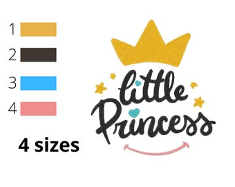 May include: Embroidered design featuring the text "little princess" in black with a gold crown, blue stars, and a pink smile.