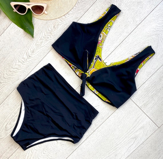 Two Sided Bikini Swim Suit High Waisted Bottom Bow on the Top Vintage Style Bathing Suit Beach Woman Swim Wear Hawaii Pattern Black Etsy UK