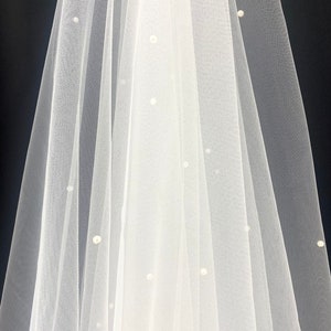 Pearl Wedding Veil, Tulle Bridal Veil with Pearls, Wedding Long Veil, Bride Wedding Veil, White Ivory Cathedral Long Veil Simple Pearl Decor image 4