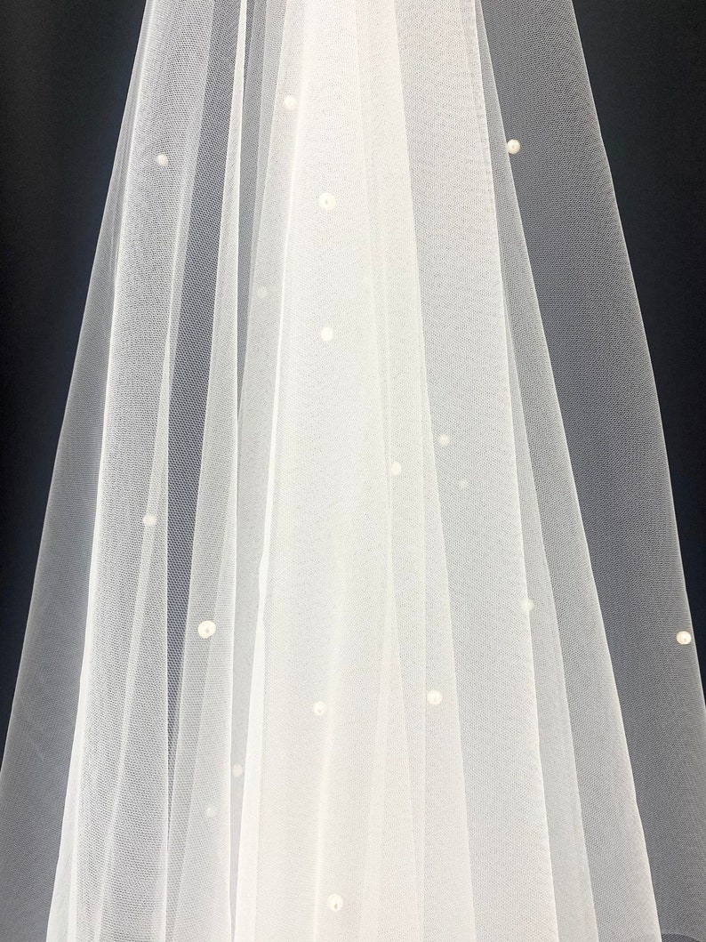 Pearl Wedding Veil, Tulle Bridal Veil with Pearls, Wedding Long Veil, Bride Wedding Veil, White Ivory Cathedral Long Veil Simple Pearl Decor image 4