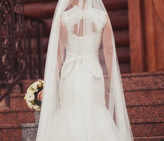 PetJos Wedding Veil, Tulle Bridal Veil Wedding Long Veil, Bride Wedding Veil, White, Ivory Cathedral Long Veil, Simple