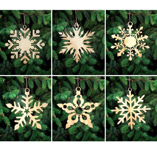 Set of 6 Wooden Snowflakes Decoration, Christmas Decoration, Hanging Wooden Christmas Tree Decoration, Set of Decorations - Snowflakes