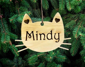 Personalized Cat Christmas Ornament: Wooden Kitty Tree Decoration