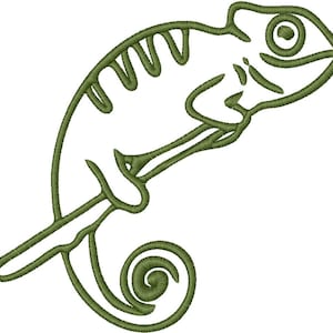 May include: A green line drawing of a chameleon with its tail curled around a branch.