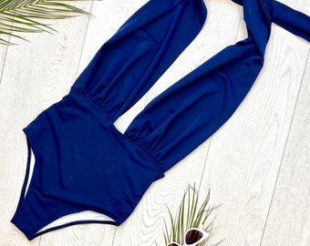 Plunge High Waisted Swimsuit, One Piece Swim Suit, Vintage Style, Bathing Suit, Cut Back, Beach, Woman, Swim Wear, Dark Blue