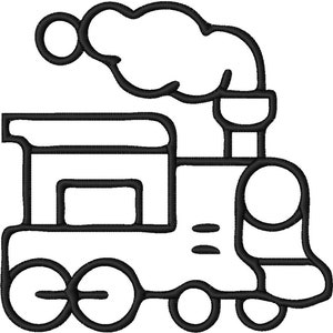 Peut inclure: Un dessin au trait noir et blanc d'un train jouet avec une plume de fumée sortant de la cheminée.