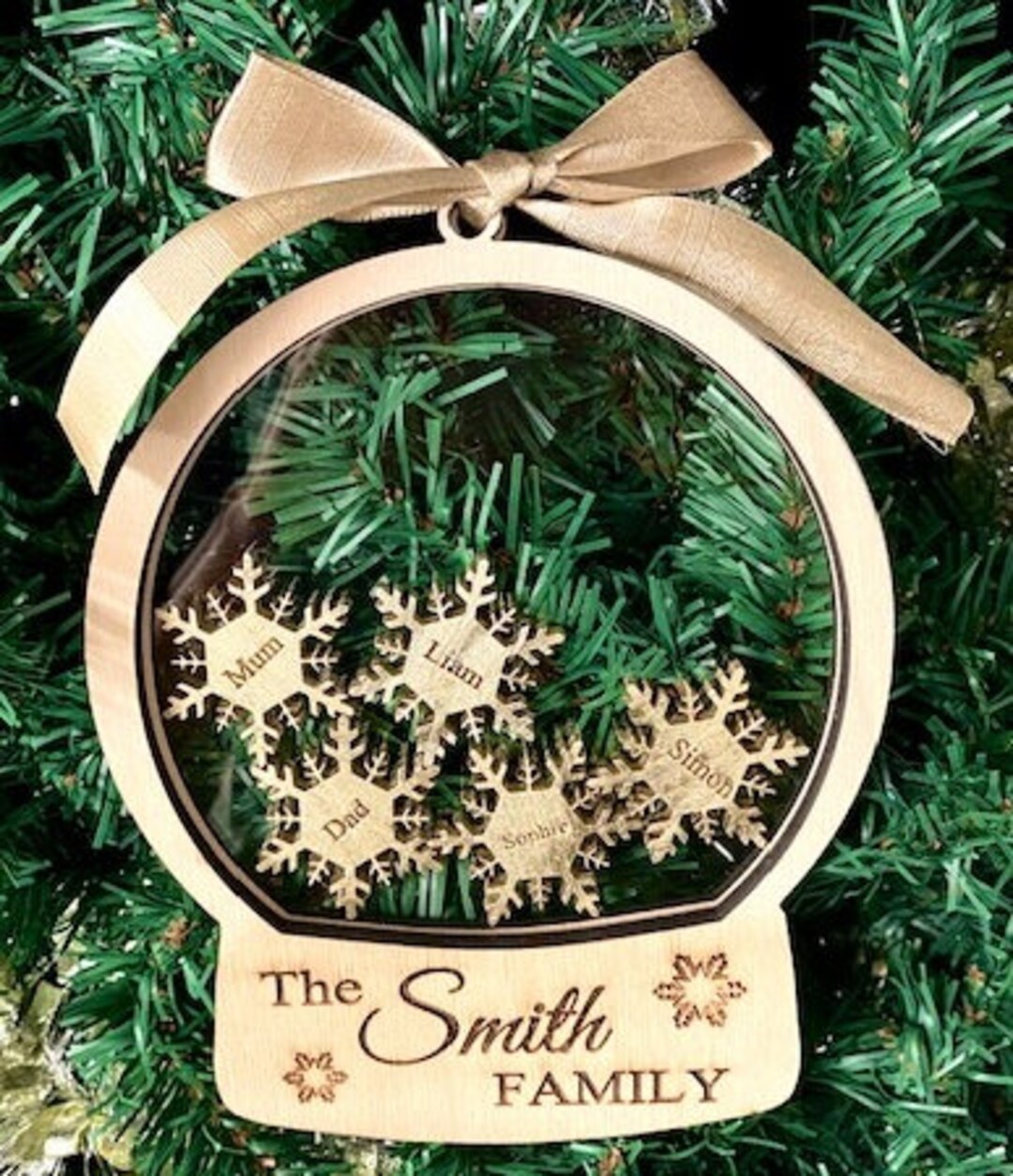 Personalised Snow Globe Gold Snowflakes Family Decoration Christmas