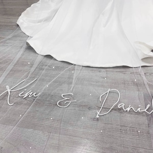 Véu personalizado com bordado e pérolas por todo o véu, véu personalizado com frases, palavras, letras, nomes, iniciais, véu de noiva catedral