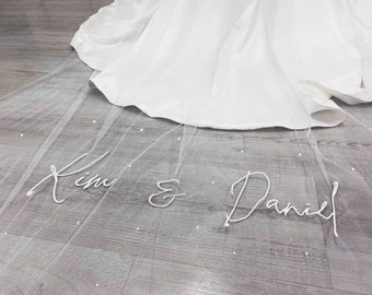 Personalized Cathedral Veil: Embroidered Names & Pearls, Custom Bridal Veil