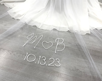 Personalised Veil with Embroidery, Custom veil with Initials and Heart, Words, Letters, Names, Initials, Cathedral bridal veil, Bridal Veil