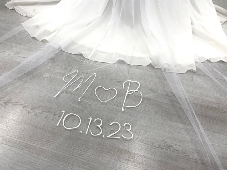 Personalised Veil with Embroidery, Custom veil with Initials and Heart, Words, Letters, Names, Initials, Cathedral bridal veil, Bridal Veil image 1