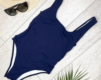 Tank Dark Blue Swimsuit, One Piece Swim Suit, Bathing Suit, Cut Back, Beach, Woman, Swim Wear, Coral