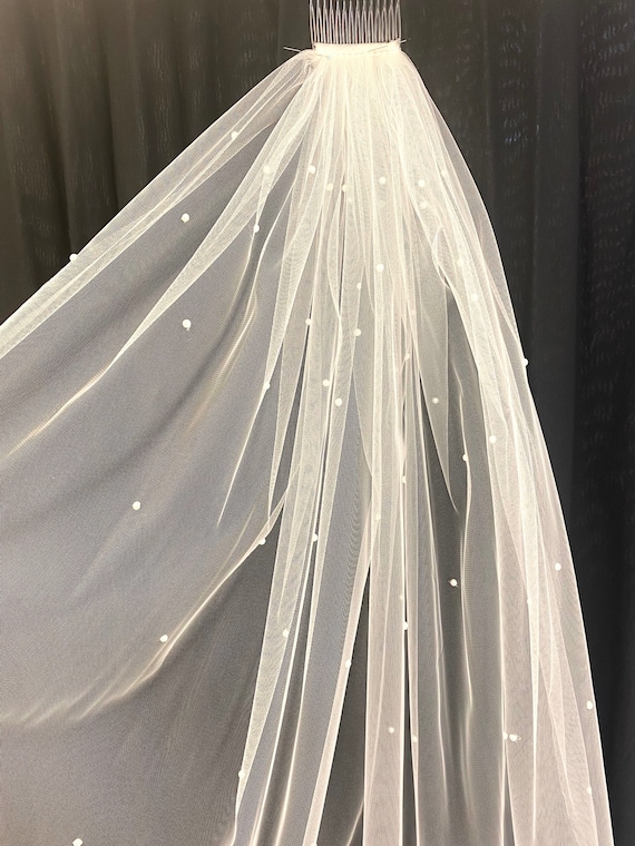 Pearl Wedding Veil Cathedral Bridal Veil White Pearl Veil Beaded Veil Pearls Accesories Classic Ivory Veil (Copy) Monarch 175 / White